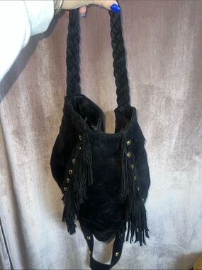 JJ Winters Black Suede Fringe Shoulder Bag with Braided Strap